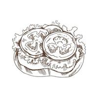 Hand drawn sketch of bruschetta with tomatoes and lettuce. Sandwich, toasted baguette, toast, slice of bread. Vector illustration.