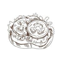 Hand drawn sketch of bruschetta with tomatoes and lettuce. Sandwich, toasted baguette, toast, slice of bread. Vector illustration.