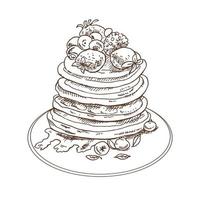 Vector vintage pancake drawing. Hand drawn monochrome food illustration. Sketch of Pancakes with berries and syrup. Great for poster, menu or label.