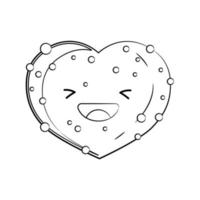 icono de vector de galleta en forma de corazón lindo de estilo de contorno aislado sobre fondo blanco. pegatina de dibujos animados ilustración de comida sonriente kawaii. estilo de contorno de caricatura plana. página para colorear