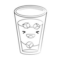 Outline style cute glass with water, juice, tea and ice vector icon isolated on white background. Cartoon Sticker. Kawaii smiling food illustration. Flat cartoon outline style. Coloring page.