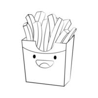 Outline Style  cute French fries  vector icon  isolated on white background. Cartoon Sticker. Kawaii smiling food illustration. Flat cartoon outline style. Coloring page.