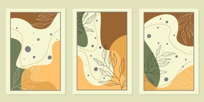 aesthetic wall hanging design set. Abstract brown background with line art leaf elements. vector