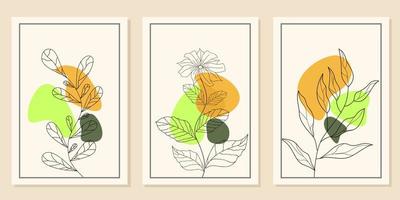 aesthetic wall hanging design set. pastel color background with line art leaf elements. vector