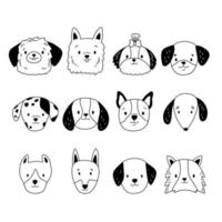 Doodle set of dogs heads. Cartoon pets. Different breeds of dogs. Hand drawn puppy faces. Black and white vector illustration.