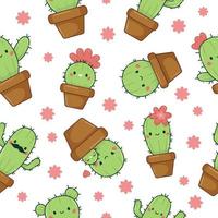 Seamless pattern with cute cactus in flowerpots on white background. Kawaii cartoon plants. Ideal for wallpaper, texture, wrapping paper and textile prints. Vector illustration.