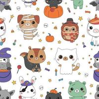 Halloween seamless pattern with cute animals in funny costumes. Kawaii cartoon animals. Vector illustration.