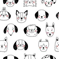 Childish seamless pattern with hand drawn dogs faces. Doodle style. Cartoon puppy. Different breeds of dogs. Black and white vector illustration.