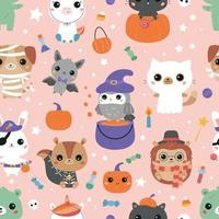 patrones sin fisuras de halloween con lindos animales kawaii en disfraces. divertidos personajes de dibujos animados: erizo, oso, conejito, gato, perro, búho, ardilla, pony y murciélago. ilustración vectorial vector