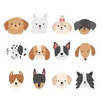 Set of dogs heads. Puppy faces collection. Cartoon different breeds of dogs. Doodle pets. Trendy flat style. Vector illustration.