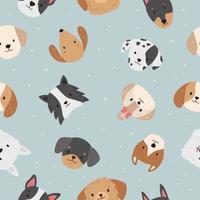 Seamless pattern with dogs head on blue background. Hand drawn puppy faces. Cartoon different breeds of dogs. Vector illustration.