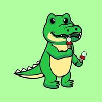 linda mascota de cocodrilo comiendo helado de vector de ilustración