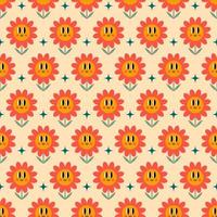Seamless groovy pattern with retro cartoon flowers and stars. Retro 70s 60s hippie vector illustration on a beige background