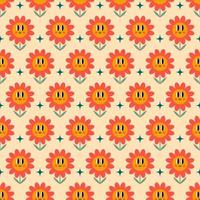 Seamless groovy pattern with retro cartoon flowers and stars. Retro 70s 60s hippie vector illustration on a beige background