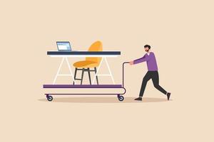 Office boy pushing trolley in office. Cleaning service concept. Colored flat graphic vector illustration isolated.