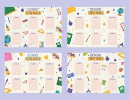 Set of cute childish school timetables, weekly classes schedule for kids with school supplies. Printable planner, diary for student. Stationery set for children. To Do List.