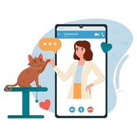 Veterinary doctor appointment. Online veterinarian consultation. Pet care, animal medical diagnosis, mobile application. Flat vector illustration.