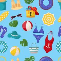 Set of cute summer elements surfboard, cocktail, bag, hat, palm tree, bikini, flip flops, beach umbrella, ball, sand castle, lifebuoy. Summer seamless pattern vector