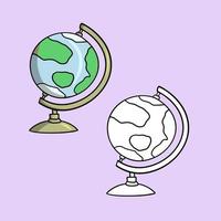 A set of pictures, a globe, a model of the globe on a stand, a vector illustration in cartoon style on a colored background