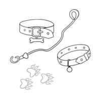 Monochrome set of illustrations, leather dog collar with tag, walking leash, vector illustration in cartoon style on a white background