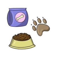 A set of icons and stickers, a yellow dog food bowl, a bag of dog food, a vector illustration in cartoon style