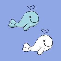 A set of illustrations, a cute character, a large light blue whale, sea life, a vector in cartoon style on a colored background