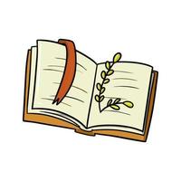 An open book with a red bookmark with an autumn twig, a vector illustration in cartoon style on a white background