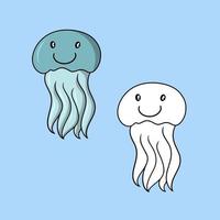 A set of pictures, a blue jellyfish with a smile, sea life, vector illustration in cartoon style on a colored background