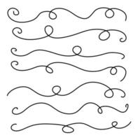 A collection of vector dividers with curls, hand-drawn with a black line, isolated borders for a design template