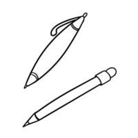 Monochrome set of pictures, a pen for writing and a small pencil, vector illustration in cartoon style on a white background