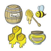 conjunto de iconos, colección de miel, barril de madera, miel y abeja, ilustración vectorial en estilo de dibujos animados sobre fondo blanco