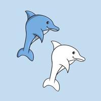 A set of pictures, Marine life, cute blue dolphin, vector illustration in cartoon style on a colored background