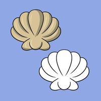 A set of pictures, a large beige shell, sea life, vector illustration in cartoon style on a colored background