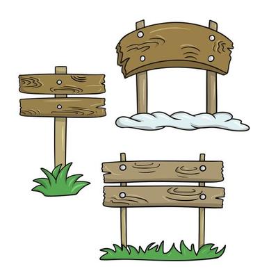 A set of colored pictures, various old brown wooden signs on a pole, vector illustration in cartoon style on a white background