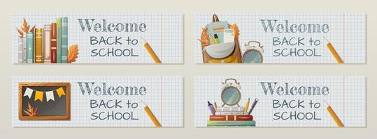 conjunto de banner horizontal, fondo de cuaderno a cuadros. Bienvenido de nuevo al texto escolar. ilustración vectorial libros, mochila, despertador, papelería, pizarra. para póster, volante, interfaz de sitio web vector