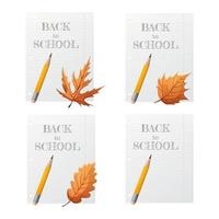 Set of striped notebook sheets with back to school text, pencil and different autumn leaves. Vector illustration. Education concept