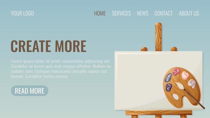 Easel for drawing with paints and brush, template for website interface. Phrase create more. Creativity education at school, university.