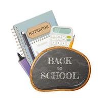 Back to school. Chalk board with text. Notepad, calculator, stationery. Vector illustration. Education concept