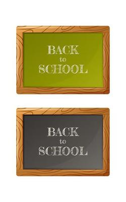 Set of chalkboards in black and green colour. Wooden frame. Text back to school. Vector illustration, cartoon style. For use by students, schoolchildren.