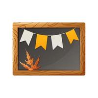 Black chalkboard with autumn leaf and garland from flags. Vector illustration. School, education concept