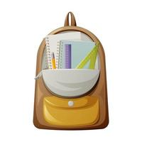 Open backpack with school supplies, vector illustration. Notebooks on rings, ruler, triangle and pencil. Schoolbag or student bag