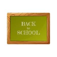 Green board in a wooden frame with text back to school. Vector illustration, cartoon style. For teaching students, pupils.