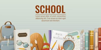 Banner with school supplies. Place for text. Backpack, stack of books, calculator, drawing set, alarm clock, notebook and glasses. Vector illustration. For poster, flyer, website, store.