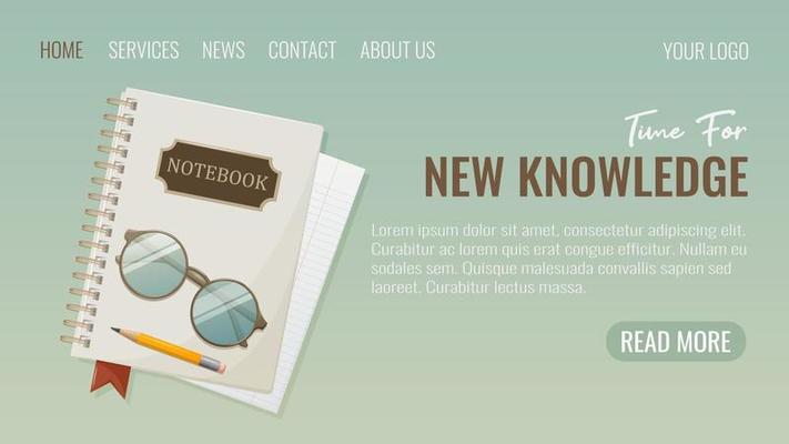 Notepad with bookmark, notebook sheet with glasses and pencil, website interface template. Vector illustration. Time for new knowledge. Education of students, pupils at school and university