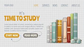 Stack of books and glasses. It's time to study horizontal template for website interface, checkered notebook background. Vector illustration. For banner, poster, flyer