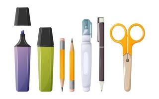 A set of stationery for school, office. A pen, a pencil with an eraser, a closed and open marker, a corrector for removing errors in the text and scissors. Vector illustration