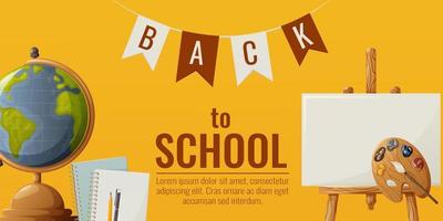Back to school banner. Globe, notebooks on rings with a pen and pencil, an easel with paints. Education for schoolchildren and students. For poster, flyer, website interface. Vector illustration