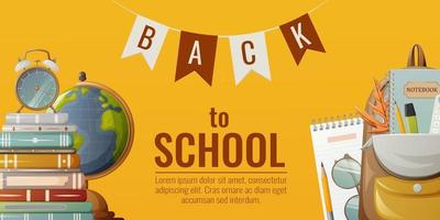 School banner. Desktop globe, stack of books with alarm clock, backpack and stationery, glasses, notebook. Vector illustration. For poster, flyer. Place for text