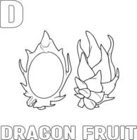 Dibujo para colorear de la fruta del dragón. colorear y aprender a reconocer la letra d en formato vectorial eps10. editable vector