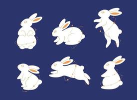 Cute white rabbit in different poses. Magician bunny. Year of the Rabbit. Mid autumn festival vector